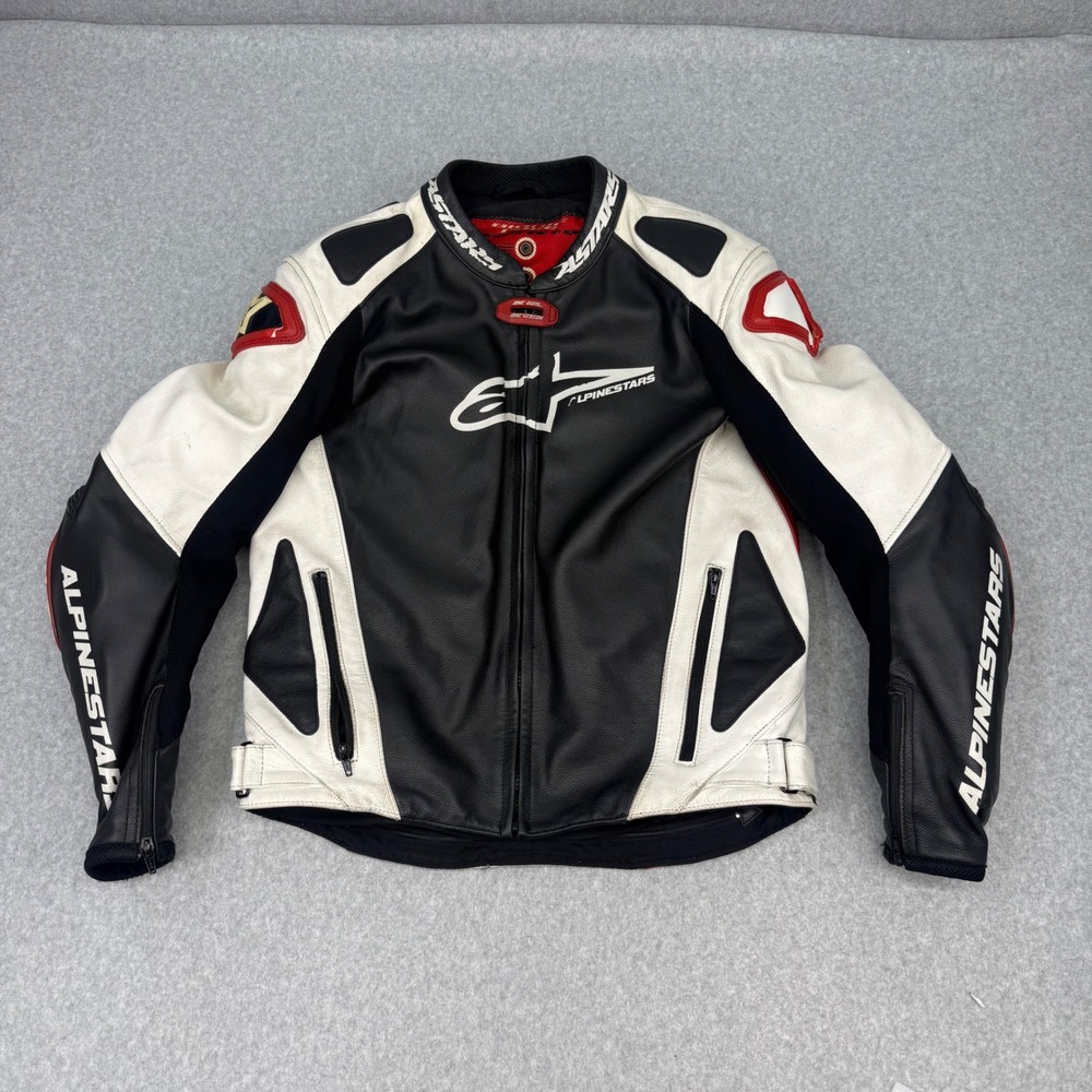 Alpinestars Leather Motorcycle Jacket Men 44 Black White Red Dual Density Padded